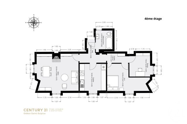 Appartement T3 à vendre - 3 pièces - 55.0 m2 - PARIS - 75006 - ILE-DE-FRANCE - Century 21 Odéon Saint-Sulpice
